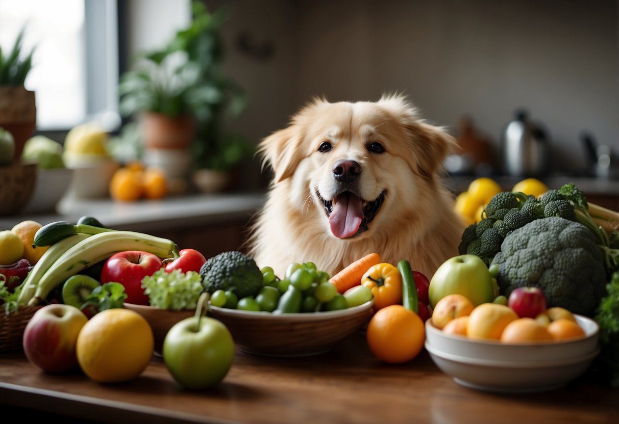 A fluffy dog with a shiny coat is happily munching on a bowl of fresh fruits and vegetables, surrounded by various healthy food items