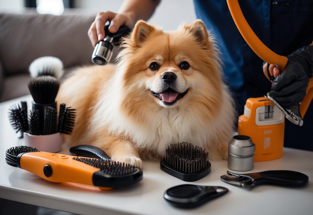 Fluffy dogs being groomed, surrounded by grooming tools and products, with a groomer preparing them for grooming