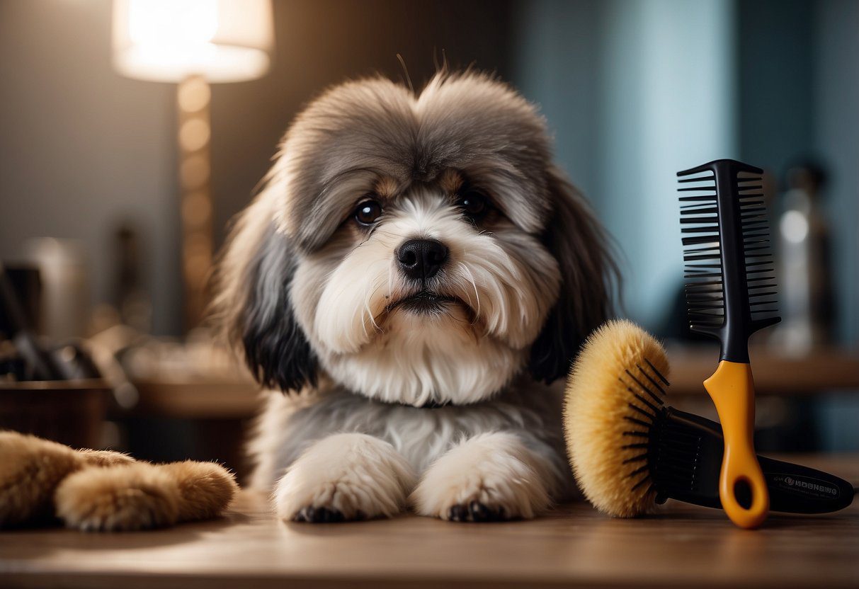 A fluffy dog sits calmly as its owner gently brushes its fur, creating a peaceful and bonding grooming session