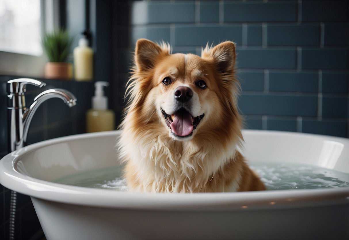 A fluffy dog stands in a tub, water cascading over its fur as it receives a gentle shampooing. A grooming brush and bottles of shampoo and conditioner sit nearby