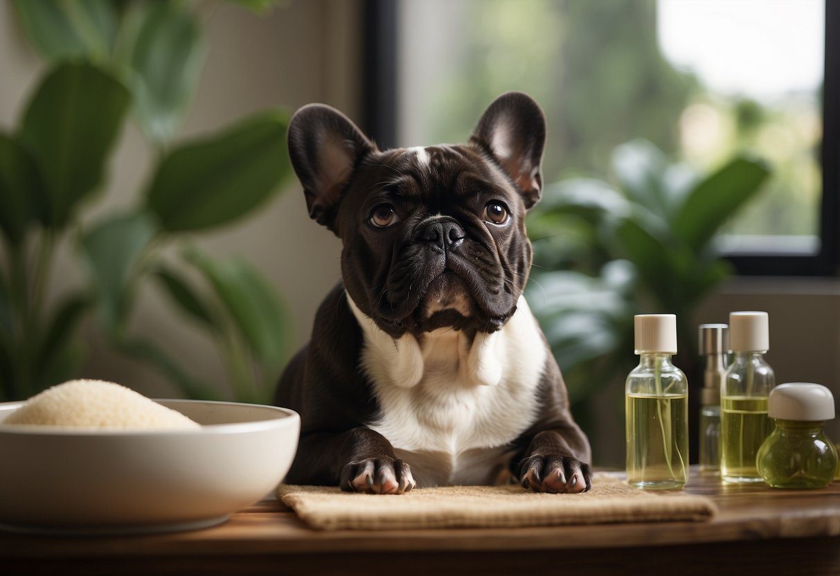 A fluffy French bulldog is being pampered with a gentle brush and enjoying a relaxing spa treatment. A serene atmosphere with calming music and essential oils creates a peaceful environment for the pup