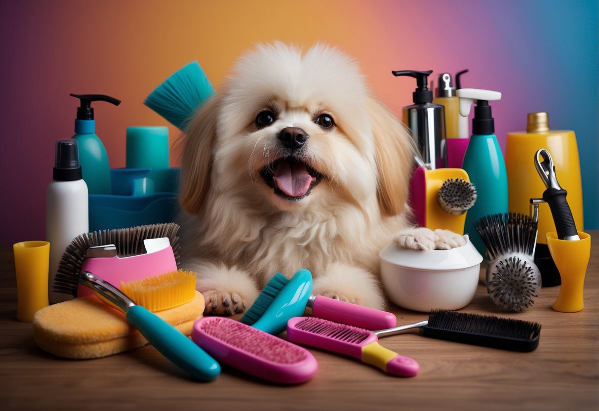 Two fluffy dogs being groomed and pampered, surrounded by colorful grooming tools and accessories, with a sense of joy and contentment in the air