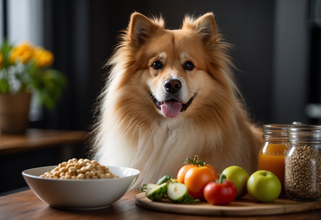 A fluffy dog stands next to a bowl of nutritious food, surrounded by images of various fluffy dog breeds