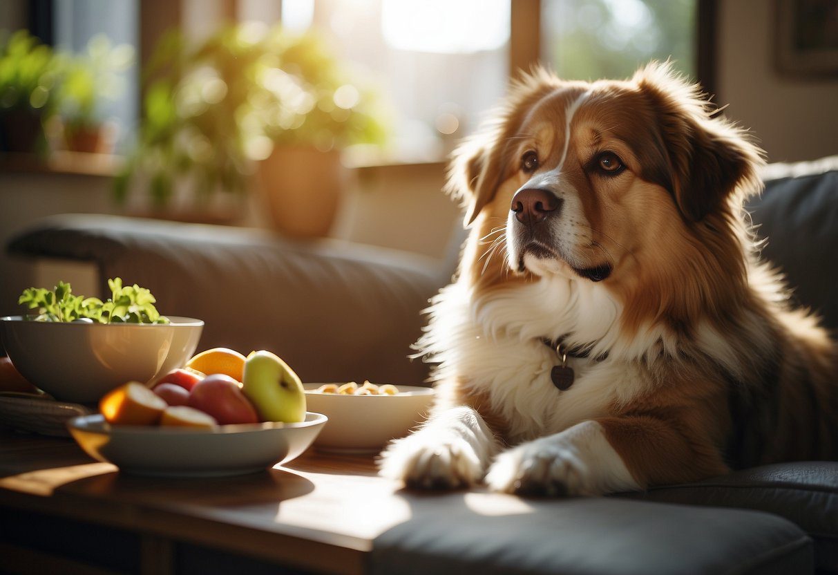 A fluffy dog lounges in a cozy living room, surrounded by healthy food and water bowls. Sunlight streams through the window, creating a warm and inviting atmosphere