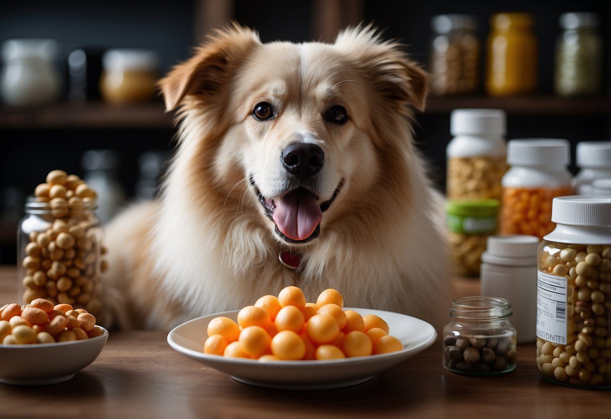 A fluffy dog sits surrounded by bottles of vitamins and supplements, with a bowl of nutritious food in front of it