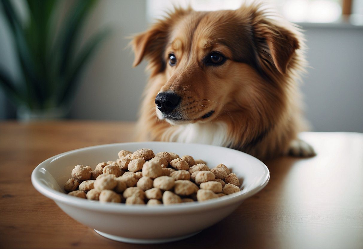 A fluffy dog eagerly eats from a bowl labeled "Health and Wellness Fluffy Dog Nutrition," with a shiny coat and bright eyes