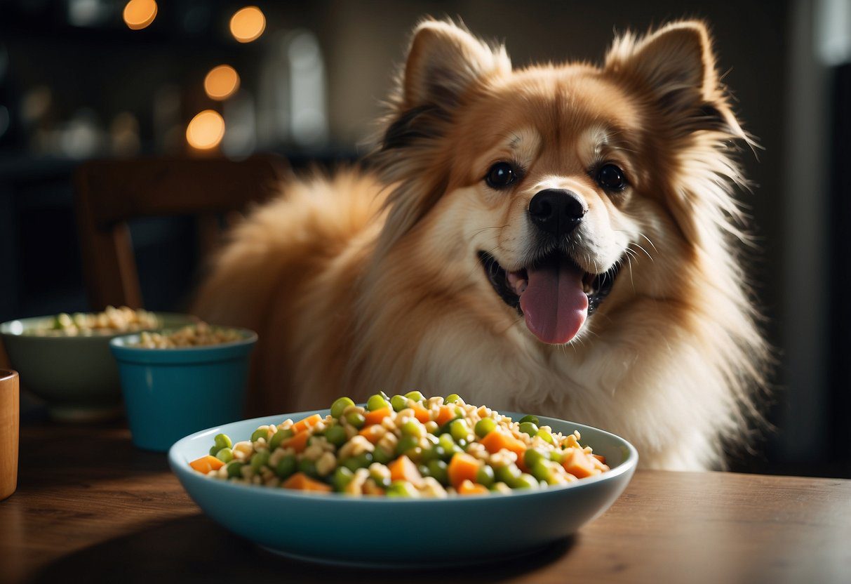 A fluffy dog eagerly eats from a bowl of nutritious food. Its tail wags happily as it enjoys the nourishing meal