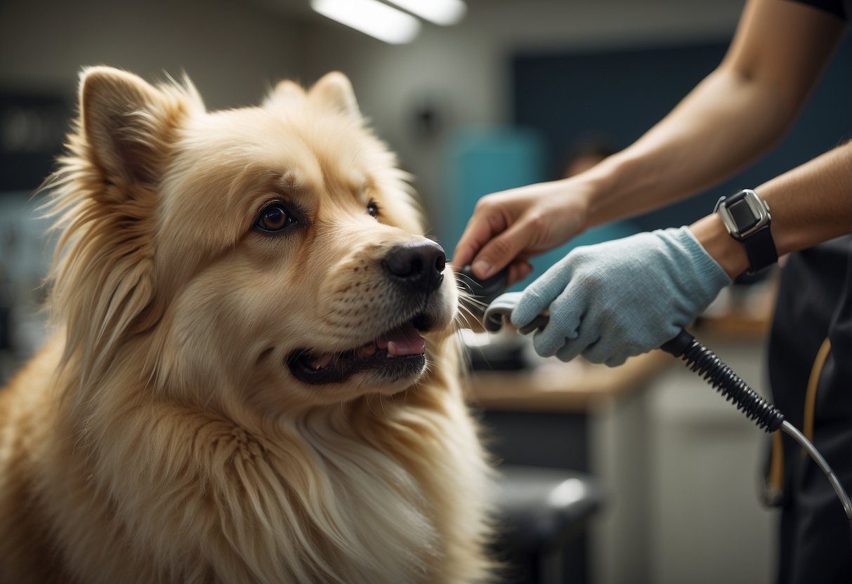 A fluffy dog is being groomed, receiving coat care and nutrition