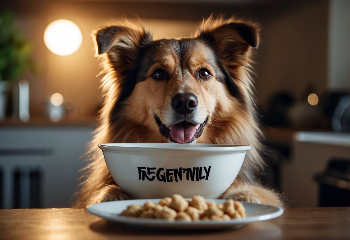 A fluffy dog eagerly eats from a bowl labeled "Frequently Asked Questions Fluffy Dog Nutrition" while a happy tail wags in the background