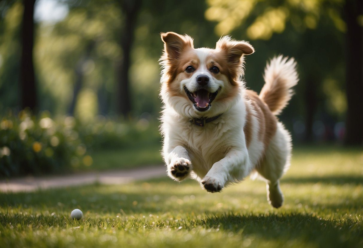 A fluffy dog runs through a green park, chasing a ball. It jumps over obstacles and plays with other dogs