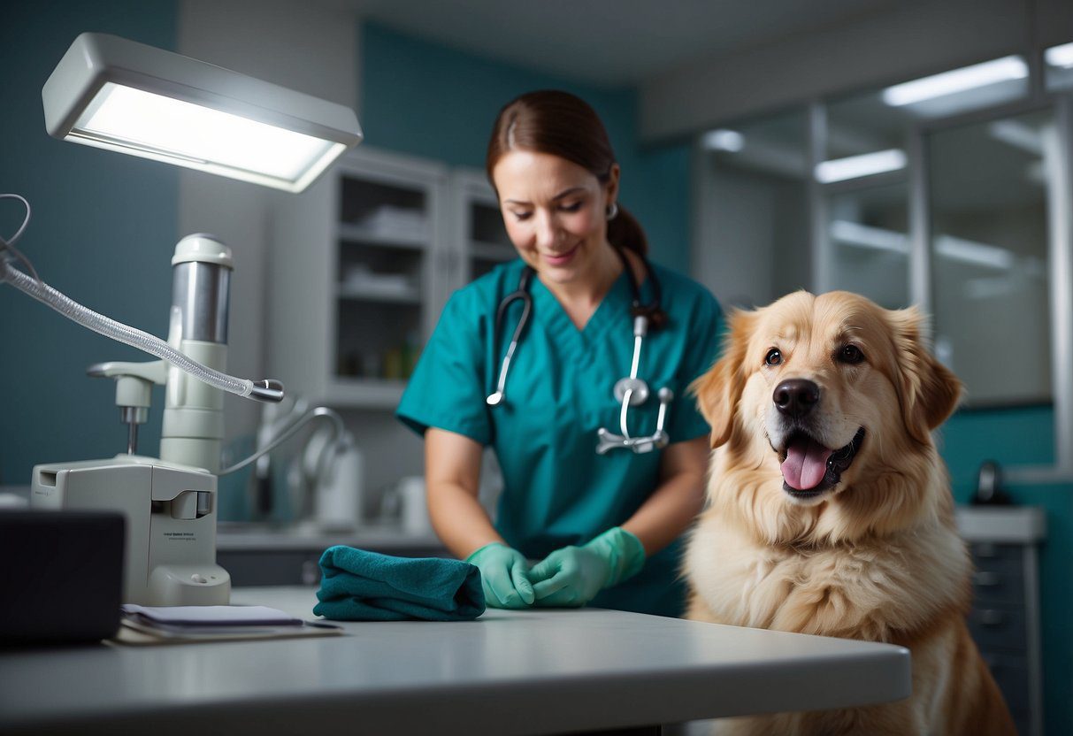 A fluffy dog sits calmly on an examination table while a veterinarian checks its ears and teeth during a regular check-up