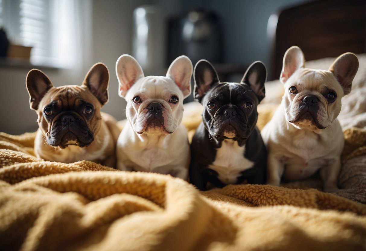 A group of fluffy French Bulldogs playfully interact in a vibrant, open space, surrounded by toys and comfortable bedding