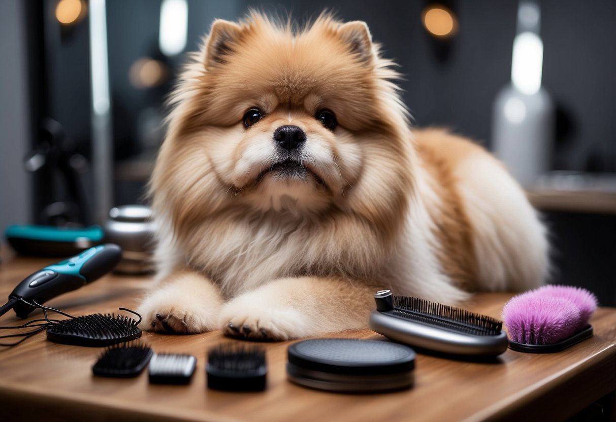 A fluffy dog being brushed and groomed by a groomer, with a table full of grooming tools and products in the background