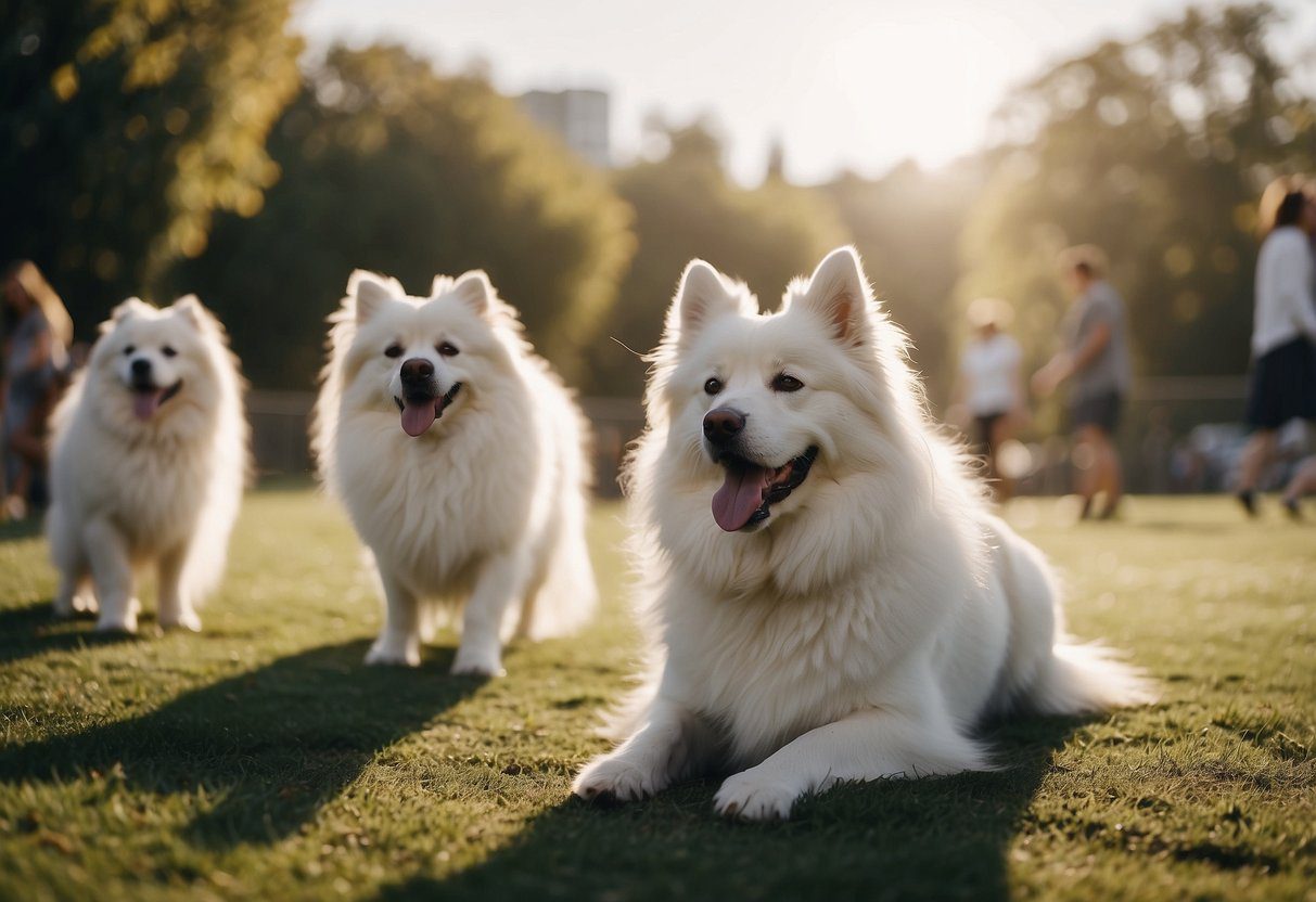 A group of fluffy dogs interact happily at a dog park, playing and sniffing each other. They are surrounded by their owners, chatting and laughing