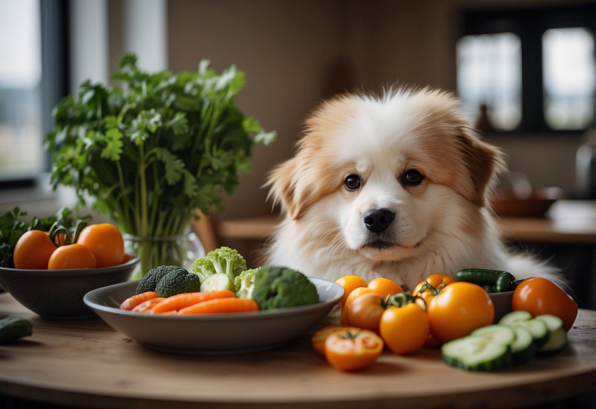 A fluffy dog eagerly eats a balanced meal of fresh vegetables and lean protein, with a bowl of clean water nearby