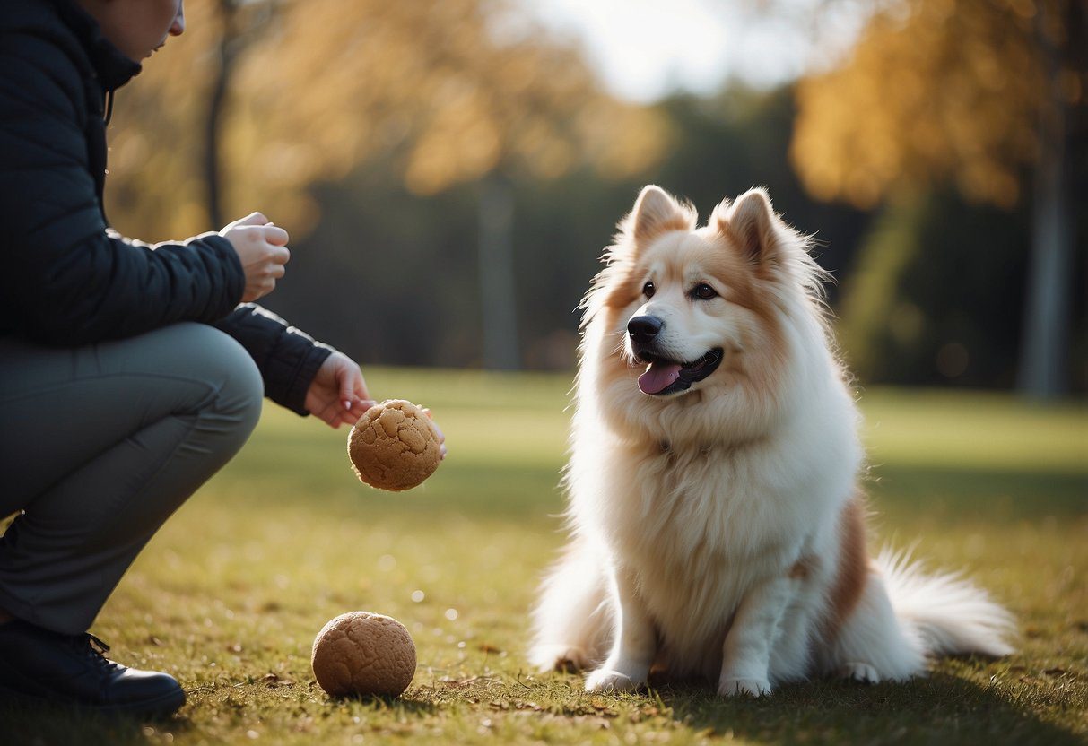 A fluffy dog sits obediently, tail wagging, as a trainer rewards it with a treat. The dog appears healthy and well-groomed