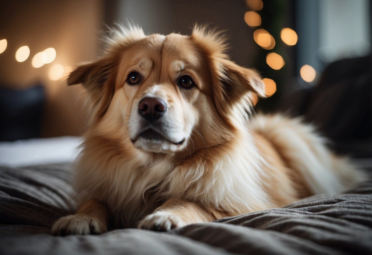 A fluffy dog lying on a soft bed, wagging its tail and looking up at its owner with adoring eyes