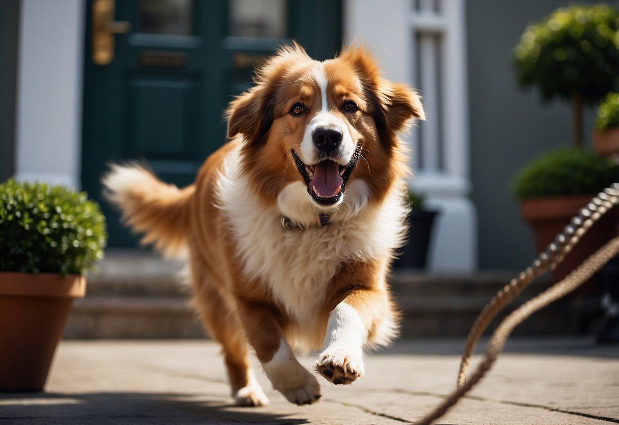 A fluffy dog barking at mailman, pulling on leash during walk, and jumping on visitors at the door