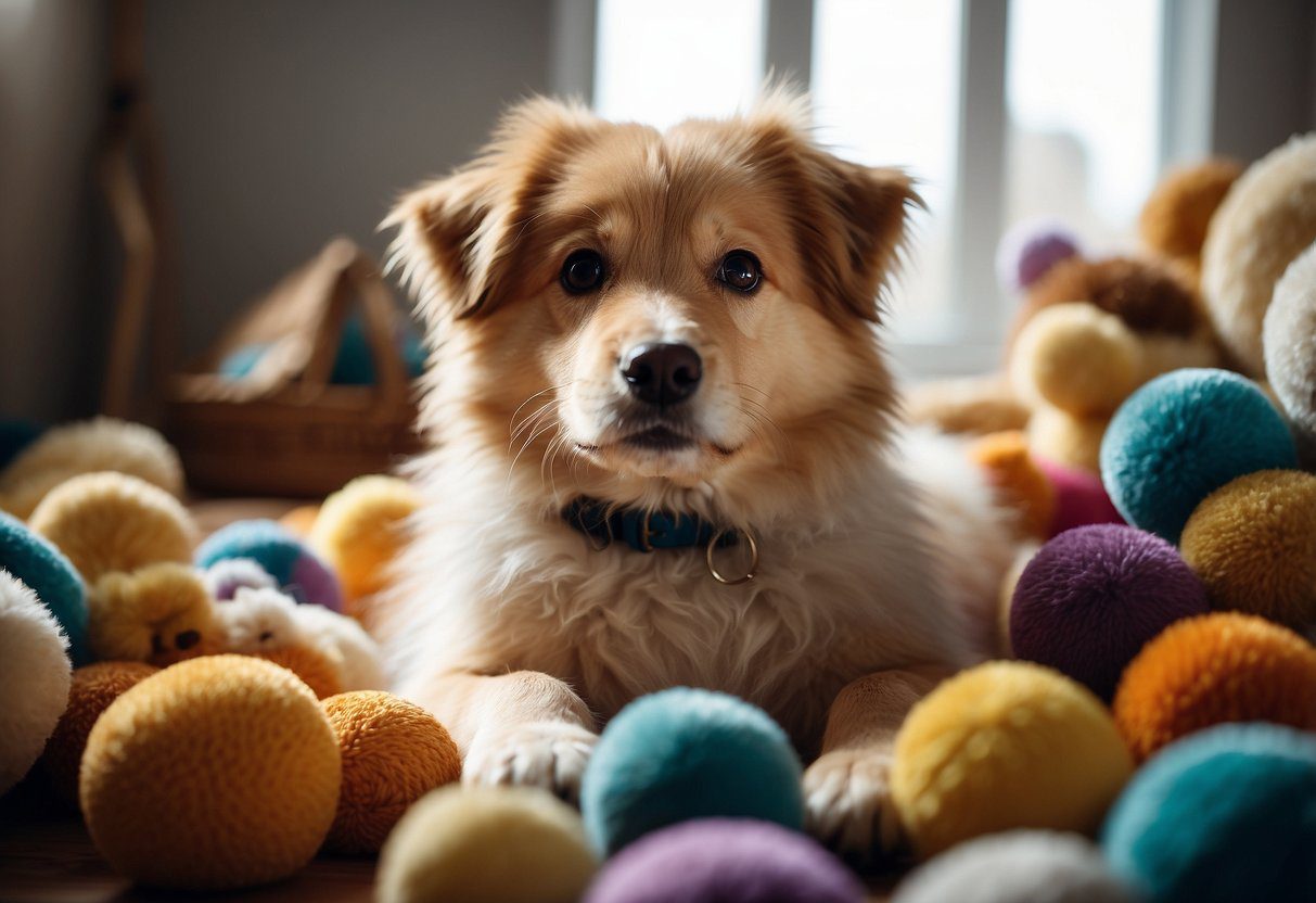 A fluffy dog sits with a tilted head, surrounded by scattered toys and a chewed-up pillow. Its tail wags eagerly as it looks up at the viewer