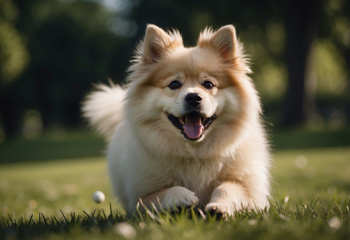 A fluffy dog, such as a Samoyed or Pomeranian, running and playing in a grassy park, with a ball or frisbee in its mouth