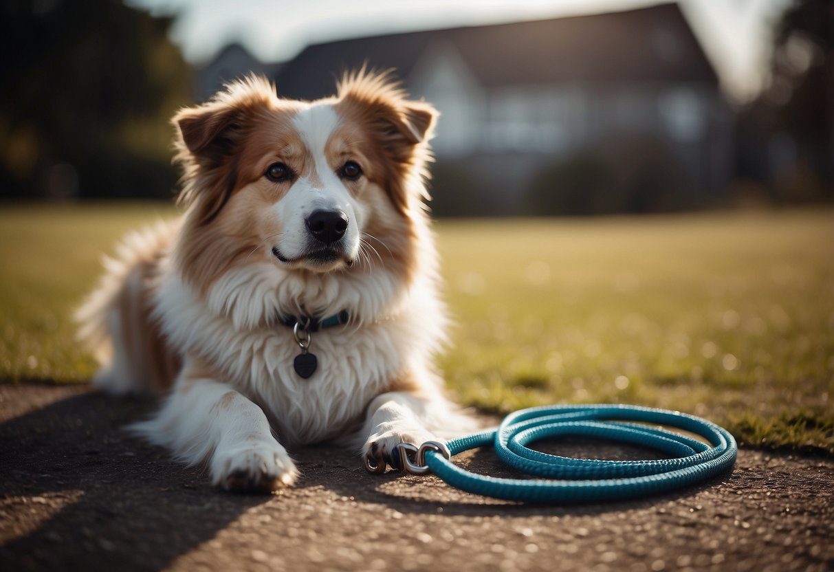 A fluffy dog selects toys and a leash for exercise