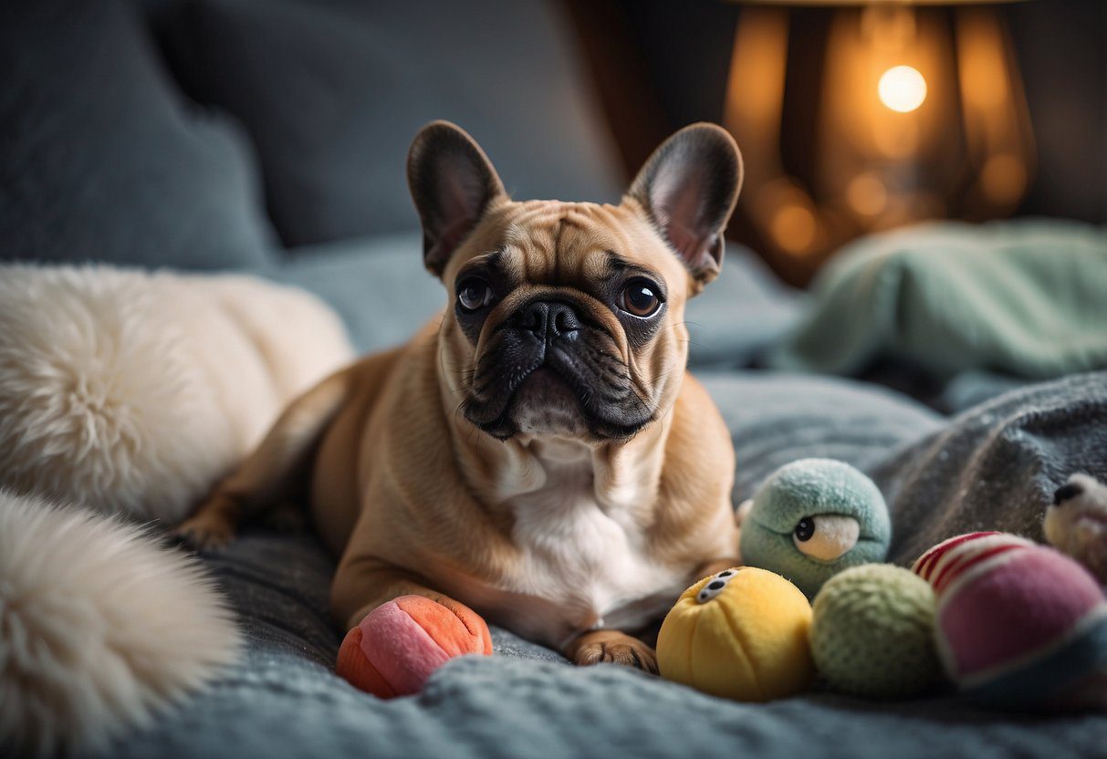 A fluffy Frenchie lounges on a cozy bed, surrounded by toys and treats, with a happy expression on its face