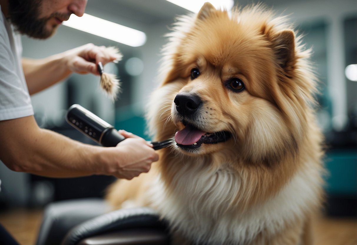 Fluffy dog being brushed and trimmed by a groomer in a bright, clean salon