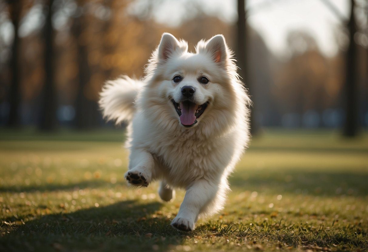 A variety of fluffy dogs of different sizes engaging in exercise activities such as running, jumping, and playing with toys in a spacious outdoor area