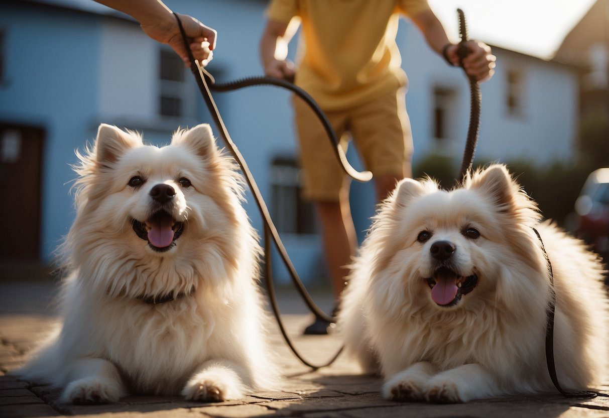 A fluffy dog being brushed and groomed, while another fluffy dog is being exercised on a leash