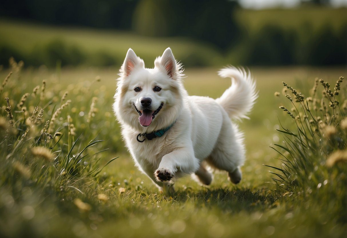 A fluffy dog running in a green field, with a shiny coat and a vibrant expression, surrounded by healthy food and water bowls