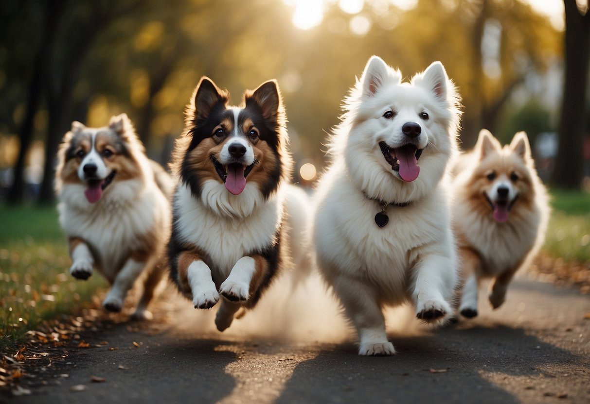 A group of fluffy dogs gather in a park, running and playing together with their owners cheering them on