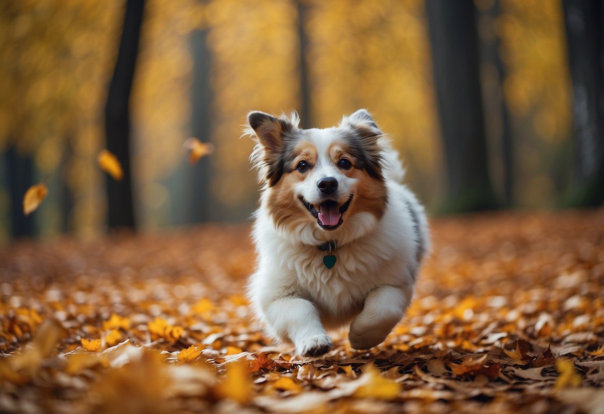 A fluffy dog runs through a colorful autumn forest, leaves falling around them as they enjoy their seasonal exercise