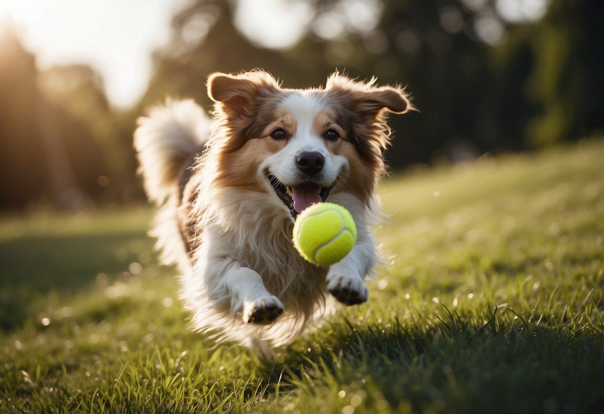 A fluffy dog runs happily in a grassy field, chasing after a tennis ball. The sun is shining, and the dog's tongue is hanging out as it enjoys the exercise