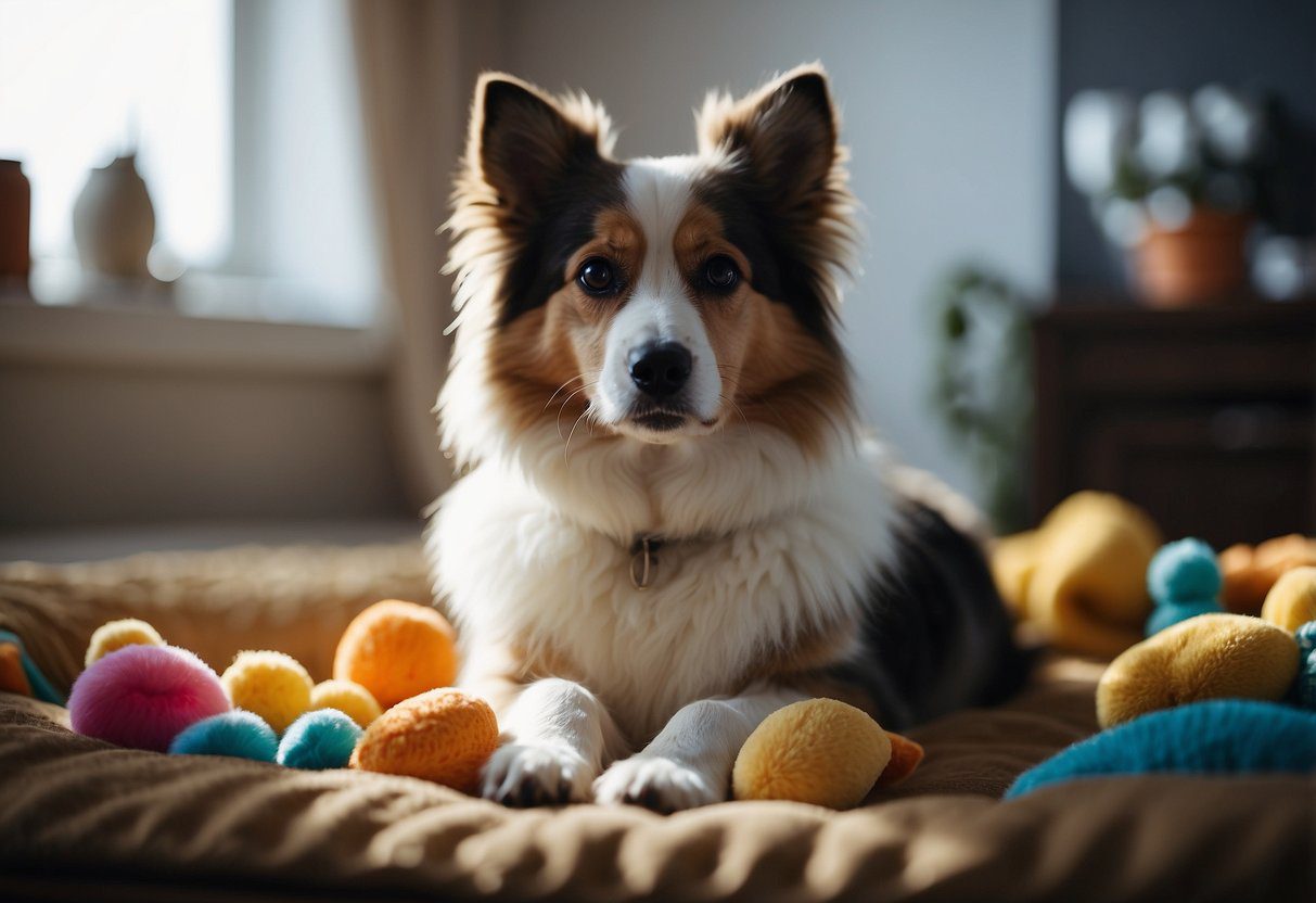 A fluffy dog sits in a cozy bed, surrounded by toys and treats. The dog's fur is soft and fluffy, and its tail wags happily