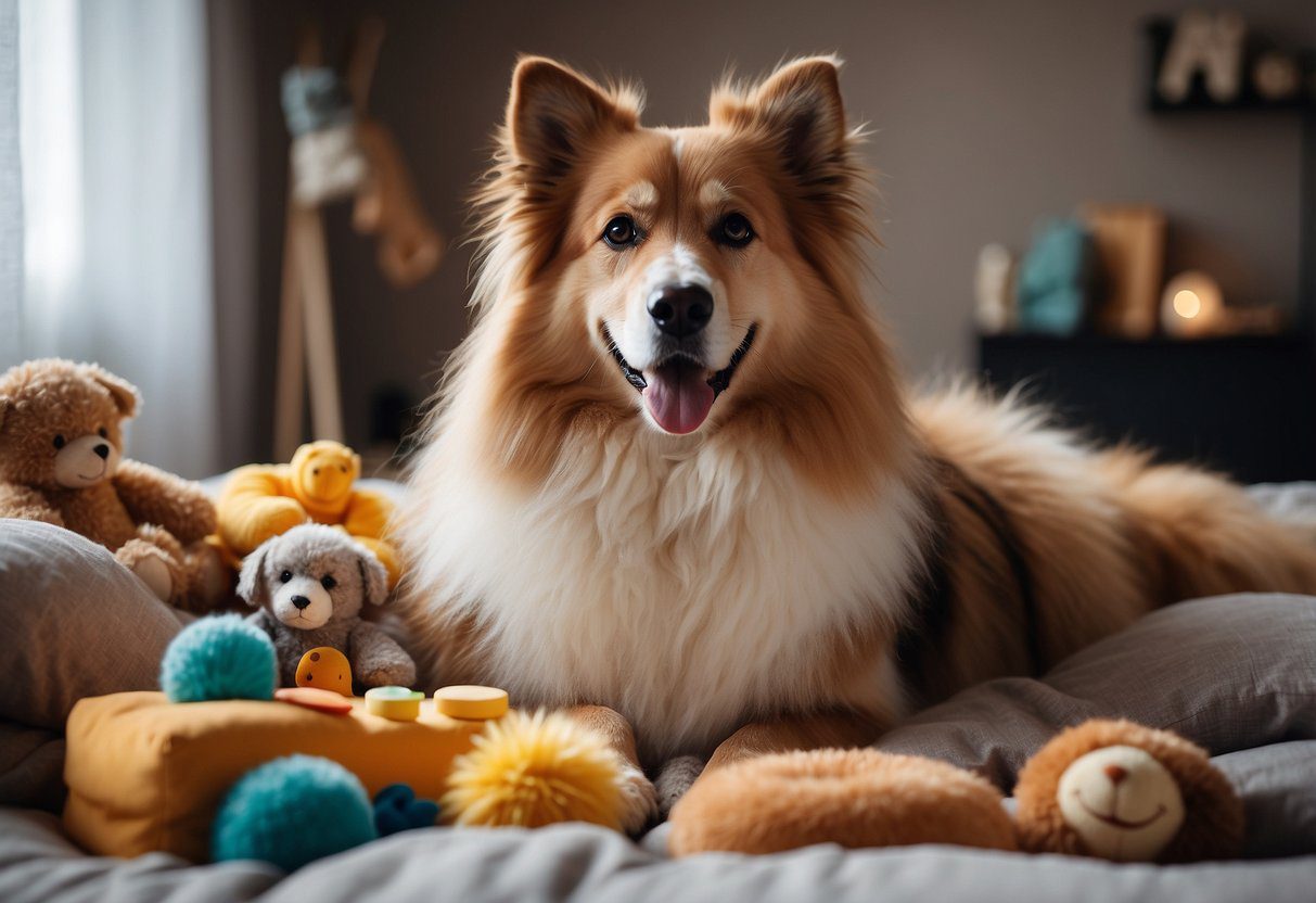 A fluffy dog sits in a cozy bed, surrounded by toys and treats. A family looks at photos of different breeds, discussing their needs and preferences