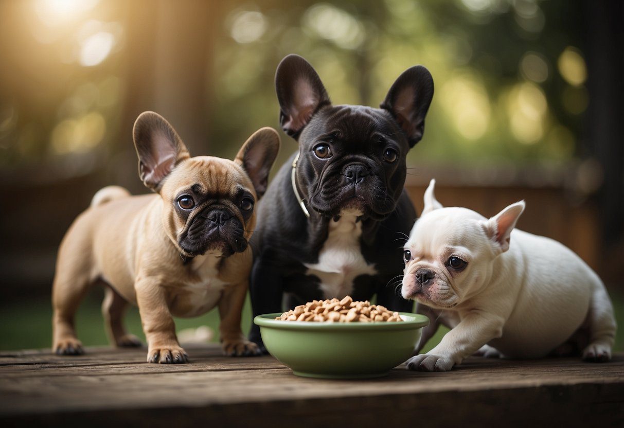 A French bulldog puppy eagerly eats from a small bowl, while an adult dog calmly eats from a larger bowl, and a senior dog eats from a raised bowl