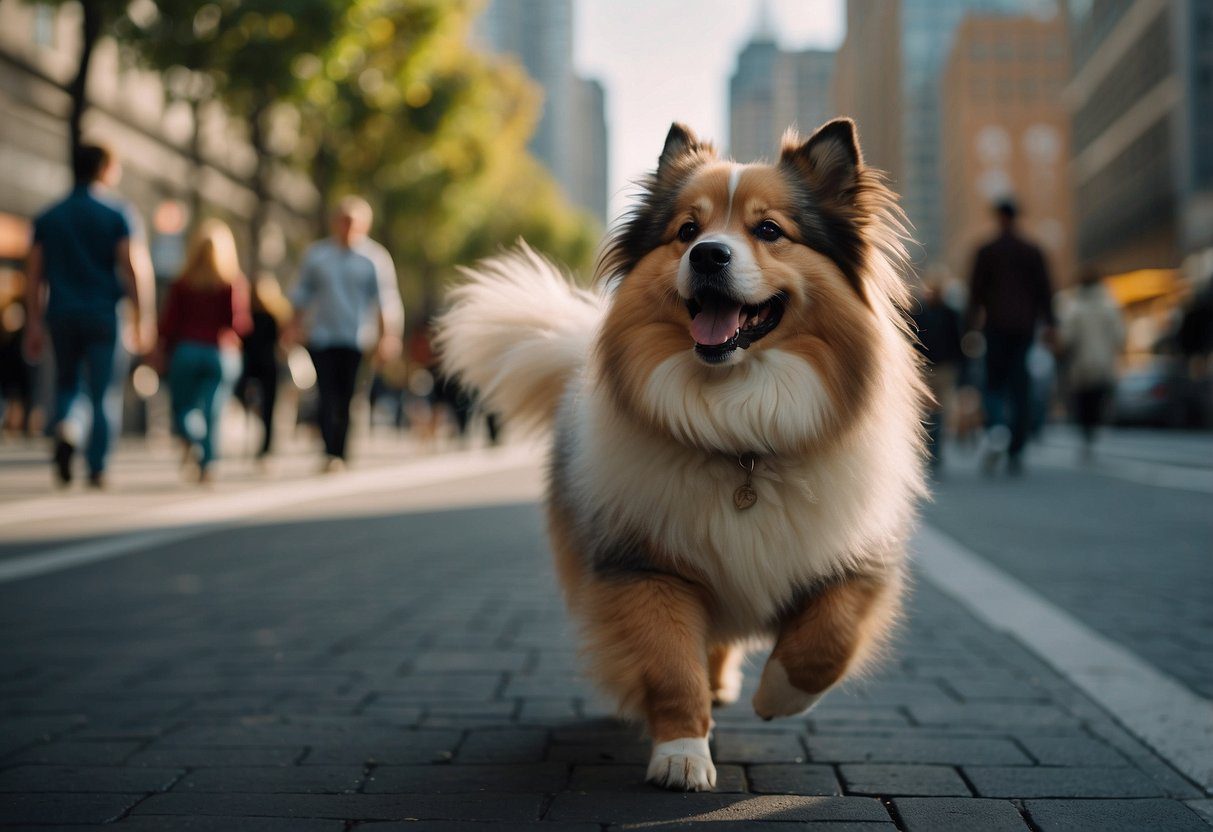 A fluffy dog walks through a busy city street, wagging its tail and looking up at the tall buildings with anticipation