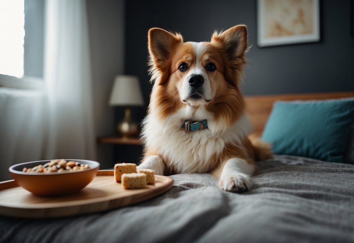 A fluffy dog sits on a cozy bed with a bowl of water and a chew toy nearby. A leash and collar hang on a hook, with a brush and treats on the table