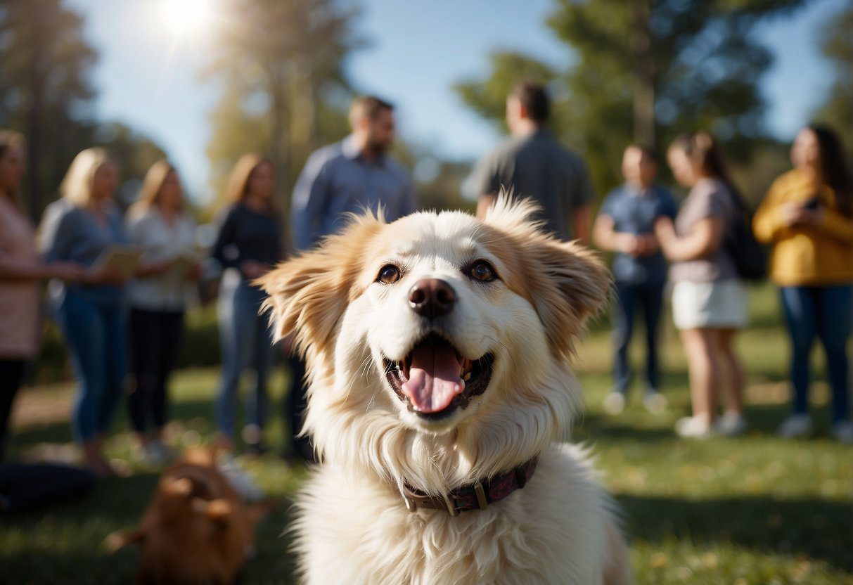 A fluffy dog surrounded by potential adopters, wagging its tail eagerly. A sign reads "Frequently Asked Questions Fluffy Dog Adoption" in the background