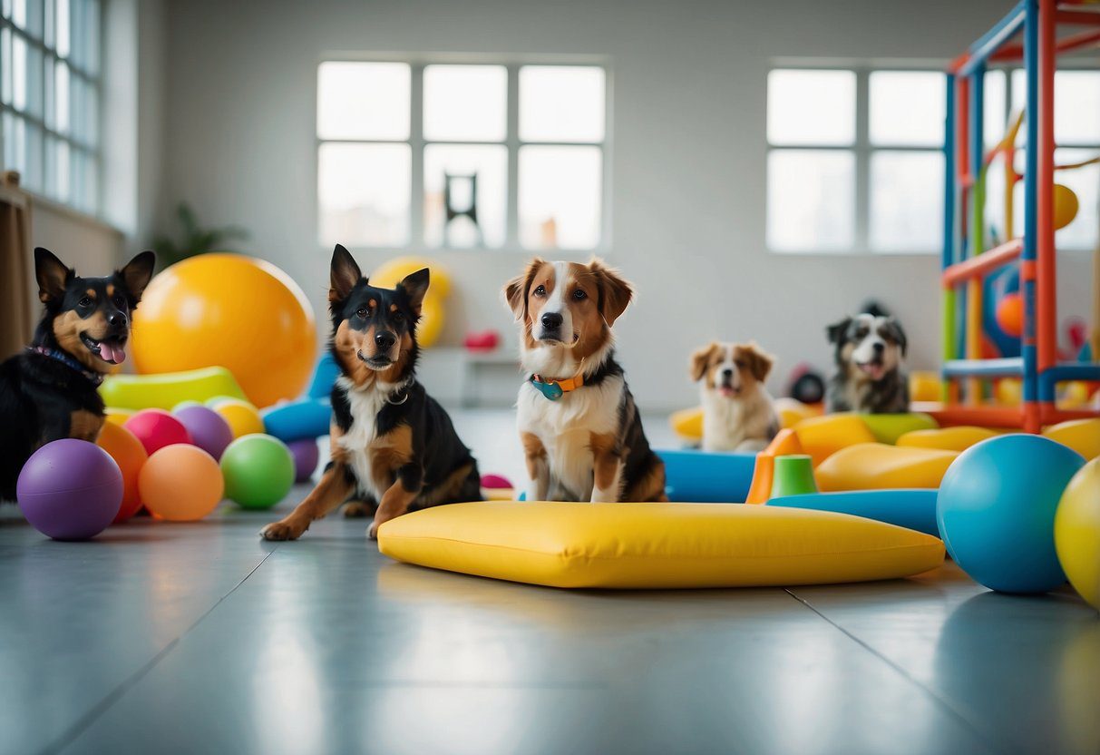 Dogs sit attentively in a spacious, bright room with colorful toys and agility equipment. A positive, encouraging atmosphere fills the air as trainers prepare for the upcoming class