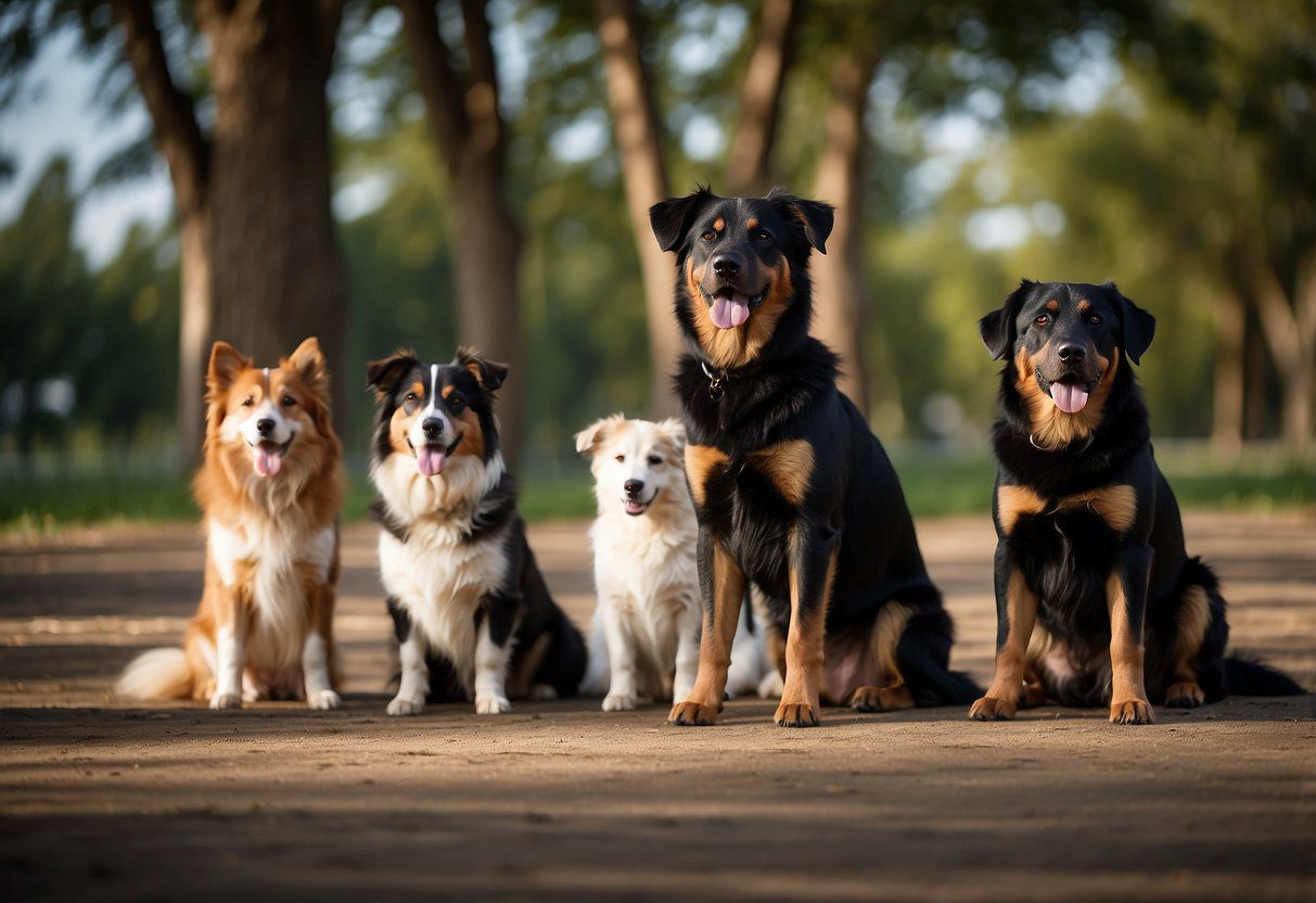 Dogs sit in rows, attentive. Trainer demonstrates key commands. Tricks include roll over and shake