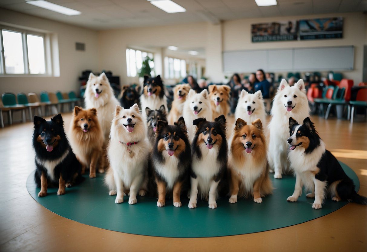 Fluffy dogs sit in a circle, trainers guide them through obedience exercises in a bright, spacious classroom