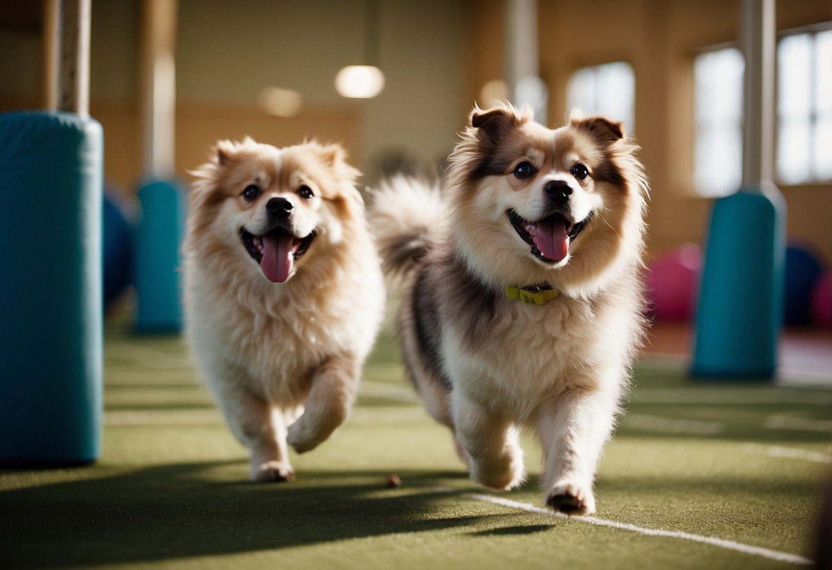 A group of fluffy dogs of various ages and sizes engaging in training activities in a spacious, well-lit room with colorful agility equipment and enthusiastic trainers