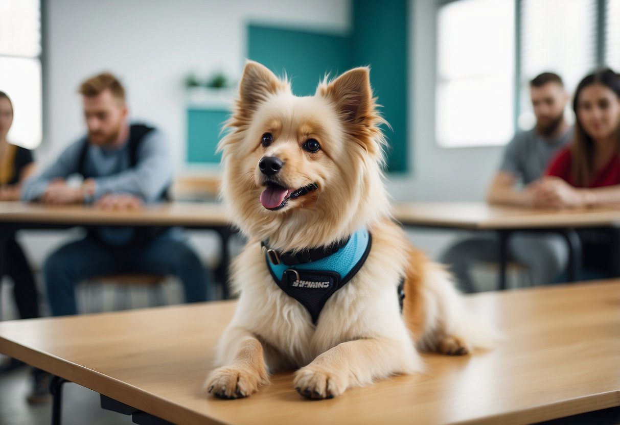 Fluffy dogs attend specialized training modules in a spacious, bright classroom with colorful equipment and enthusiastic instructors