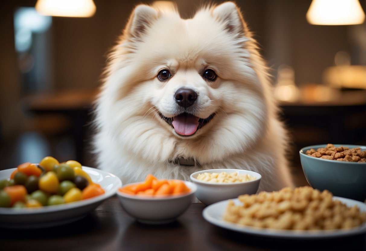 A fluffy dog with shiny, healthy fur eagerly eats a balanced meal surrounded by a variety of nutritious food options