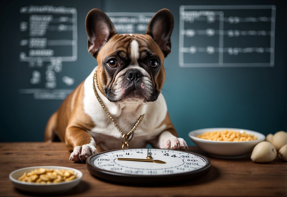 A French Bulldog eagerly eats from a bowl, surrounded by a feeding chart and schedule for different ages