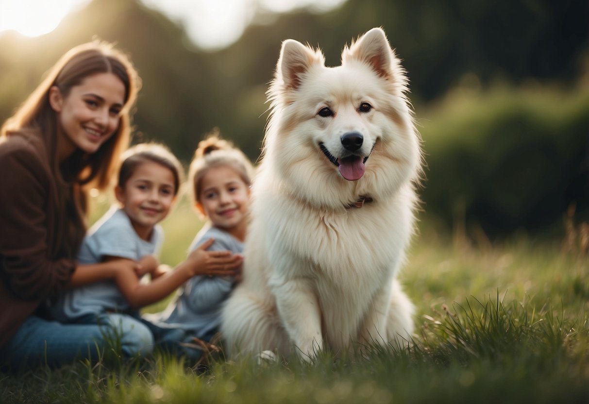 A fluffy dog sits calmly beside a smiling family, showing affection and trust. The dog's gentle demeanor reflects its suitability for family life