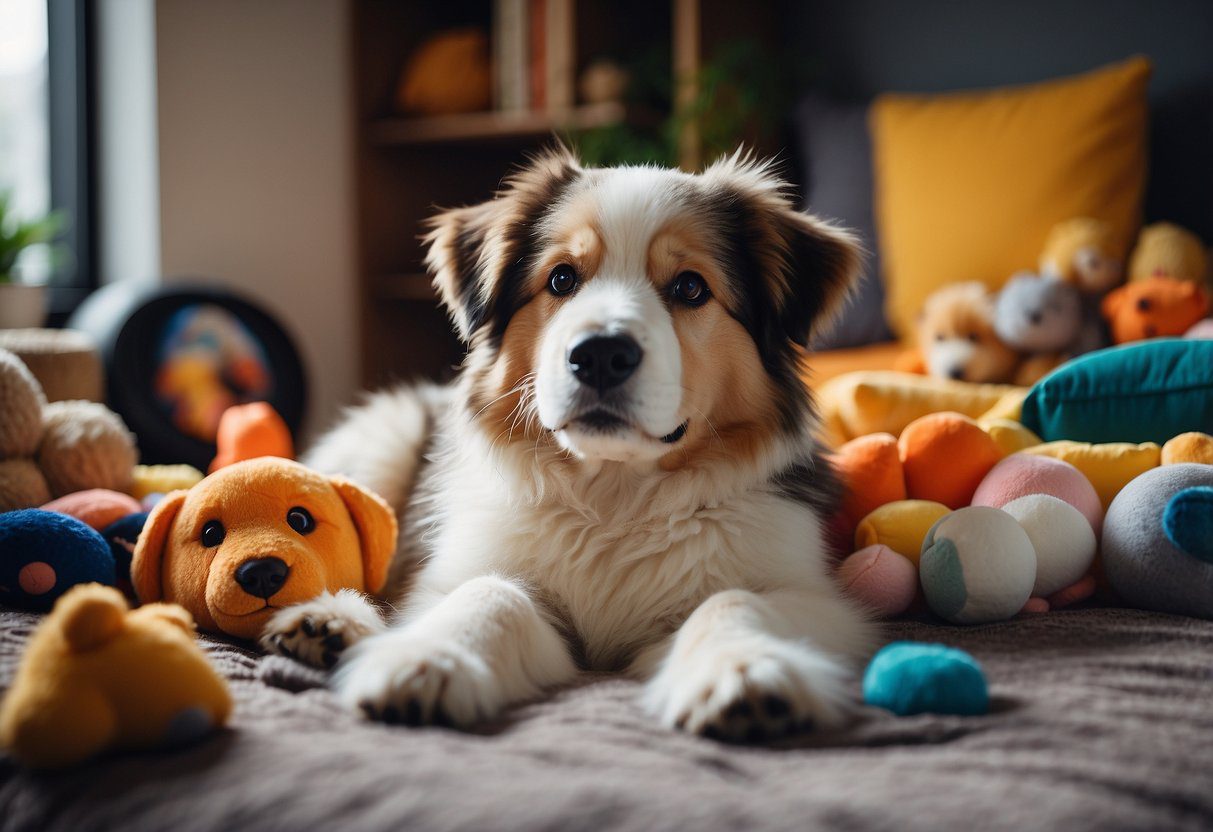 A fluffy dog resting comfortably on a soft, cushioned bed while being surrounded by toys and a water bowl