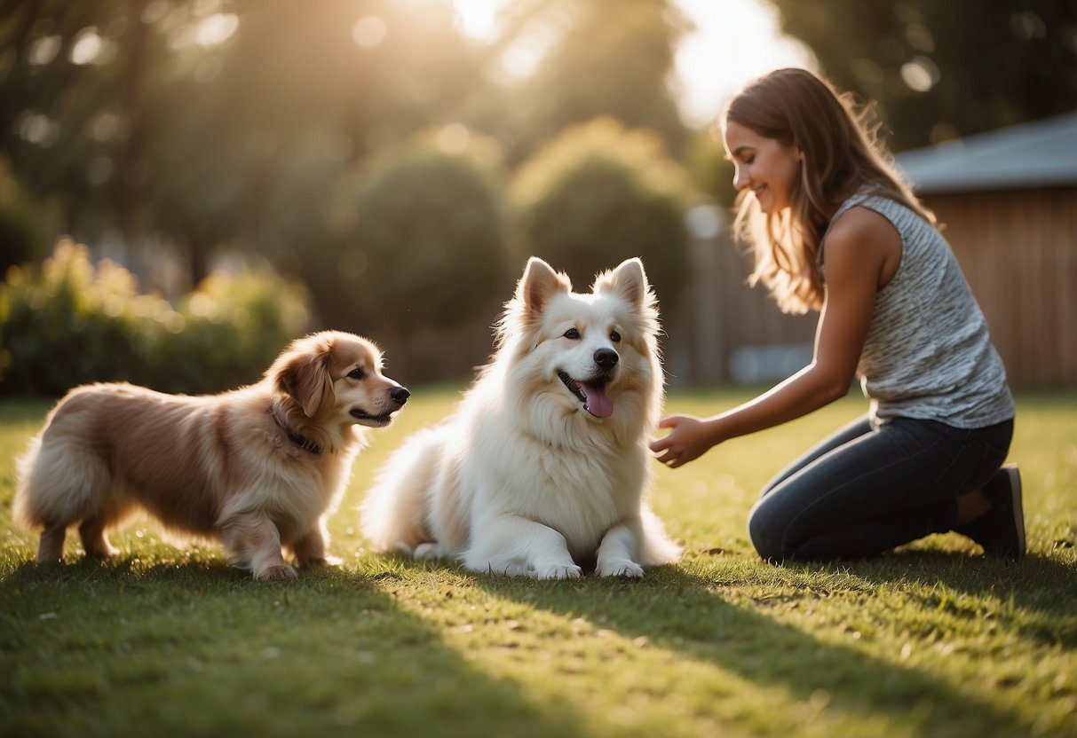 Fluffy dogs play in a spacious backyard with toys and agility equipment, while a family watches and interacts with them