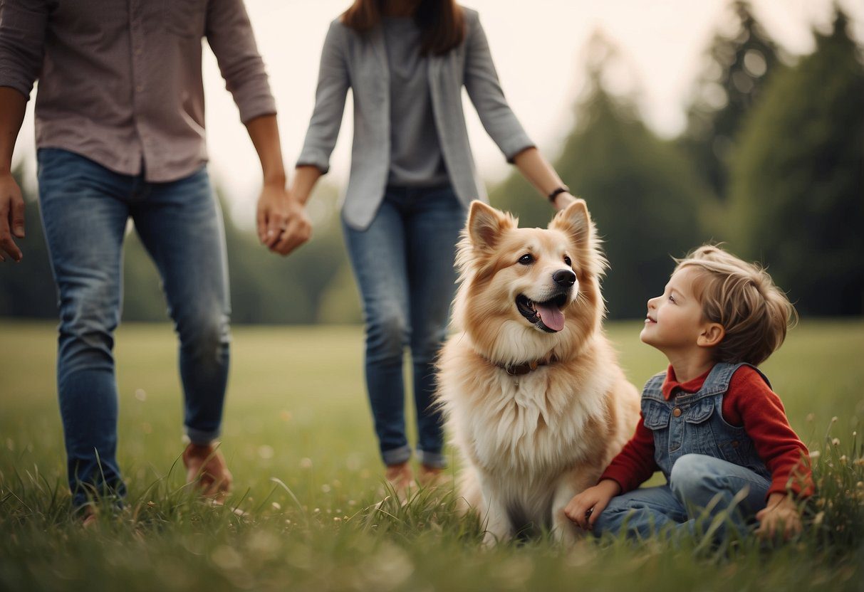 A fluffy dog sits beside a happy family, its soft fur flowing in the breeze, while children play and the parents smile